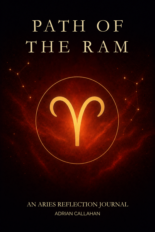 Book cover for 'Path of the Ram: An Aries Reflection Journal' by Adrian Callahan, featuring a glowing golden ram symbol on a dark red and black cosmic background.