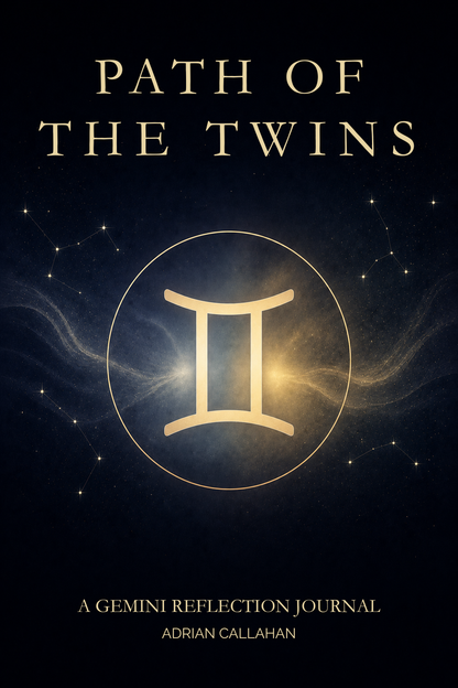Book cover for 'Path of the Twins: A Gemini Reflection Journal' by Adrian Callahan, featuring a gold Gemini zodiac symbol inside a glowing circle on a dark starry background.