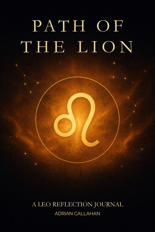 Book cover for 'Path of the Lion: A Leo Reflection Journal' by Adrian Callahan, featuring a golden lion zodiac symbol inside a circle on a glowing orange and black cosmic background.