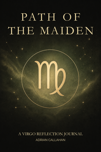 Book cover for 'Path of the Maiden: A Virgo Reflection Journal' by Adrian Callahan, featuring a gold Virgo zodiac symbol inside a thin circle on a dark textured background with subtle star-like speckles.