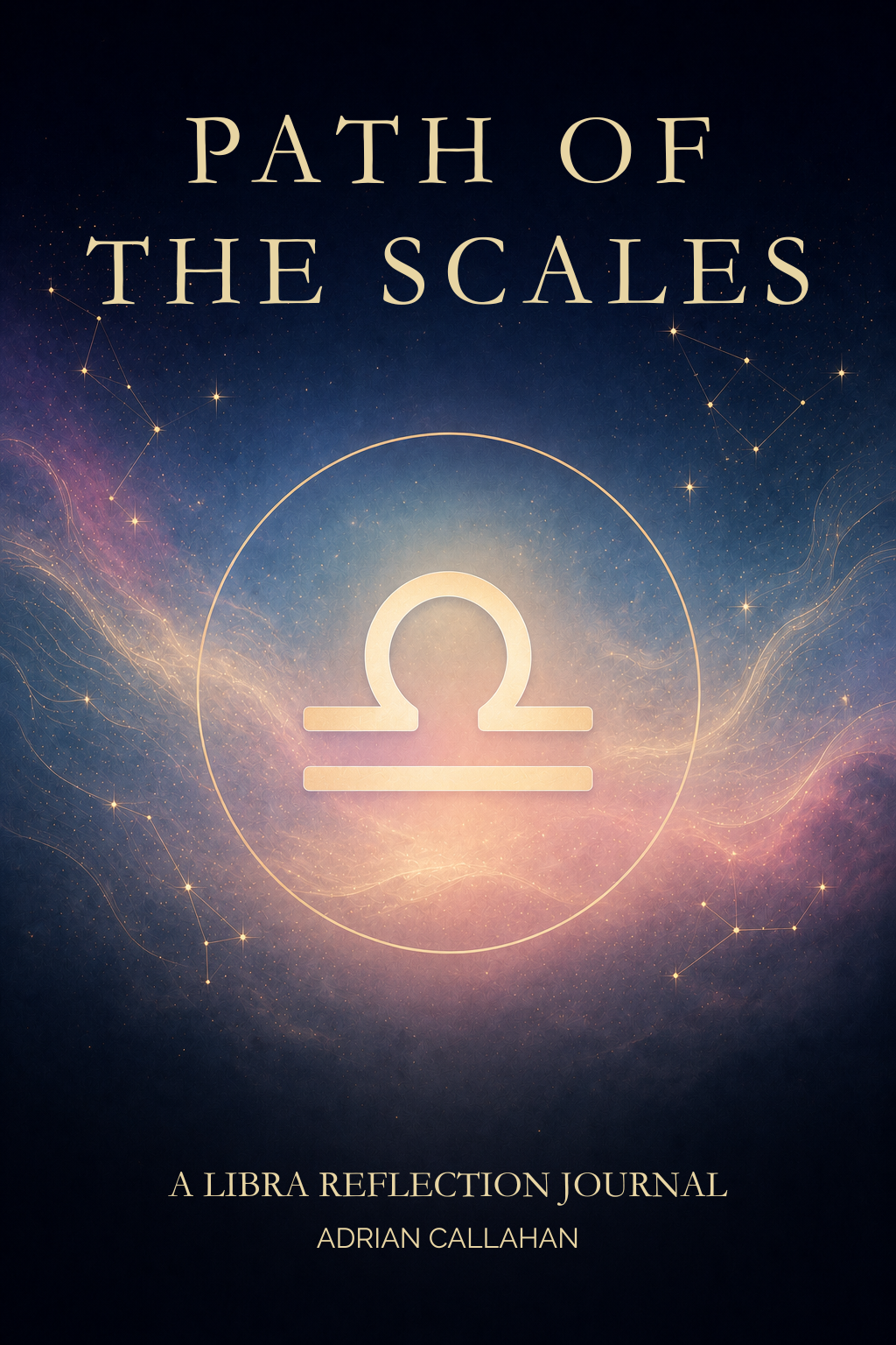 Book cover for 'Path of the Scales: A Libra Reflection Journal' by Adrian Callahan, featuring a Libra zodiac symbol centered within a glowing circle on a cosmic nebula background.