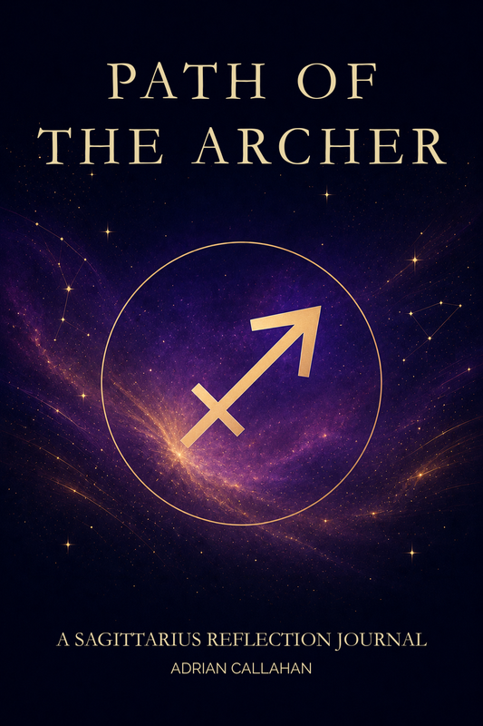 Book cover for 'Path of the Archer: A Sagittarius Reflection Journal' by Adrian Callahan, featuring a cosmic purple and gold nebula background with the Sagittarius zodiac symbol centered.