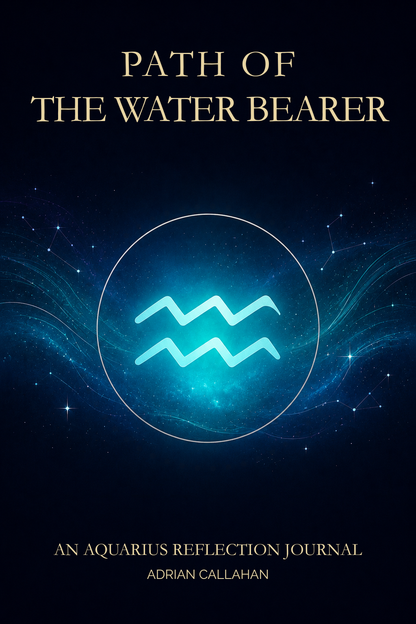 Book cover for 'Path of the Water-Bearer: An Aquarius Reflection Journal' by Adrian Callahan, featuring a glowing blue Aquarius zodiac symbol inside a white circle on a dark blue cosmic background with stars and nebulae.