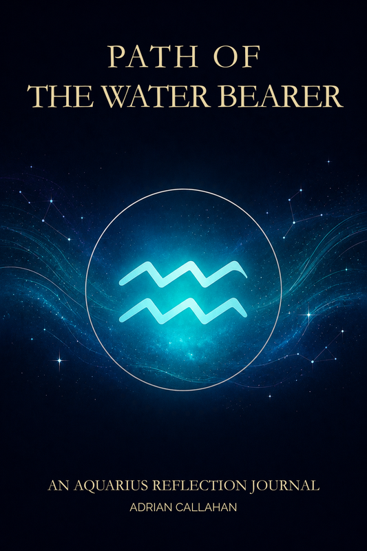 Book cover for 'Path of the Water-Bearer: An Aquarius Reflection Journal' by Adrian Callahan, featuring a glowing blue Aquarius zodiac symbol inside a white circle on a dark blue cosmic background with stars and nebulae.