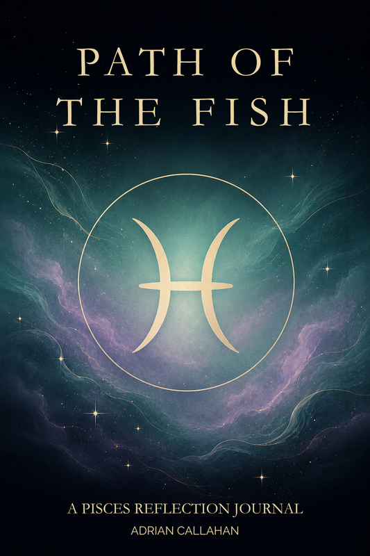 Book cover for 'Path of the Fish: A Pisces Reflection Journal' by Adrian Callahan, featuring a gold Pisces zodiac symbol over a cosmic nebula background in deep teal, purple, and black.
